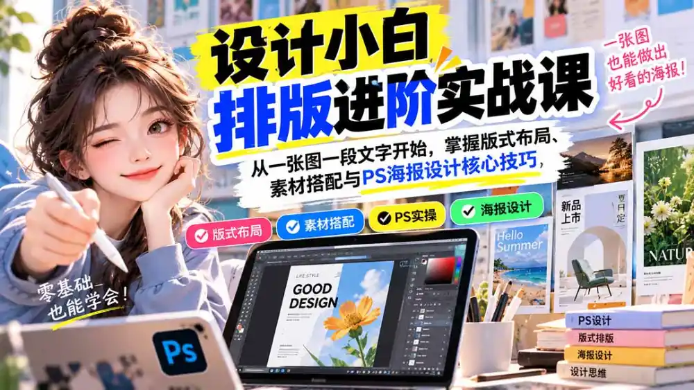 设计小白排版进阶实战课：从一张图一段文字开始，掌握版式布局、素材搭配与PS海报设计核心技巧-51云资源