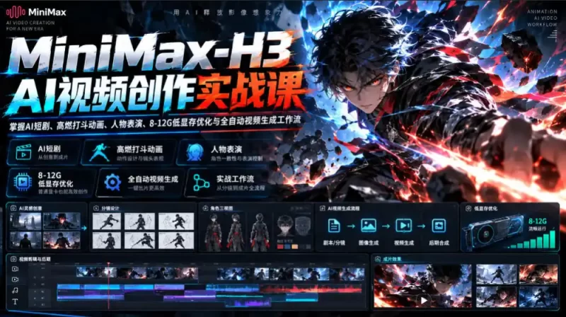 MiniMax-H3 AI视频创作实战课，掌握AI短剧、高燃打斗动画、人物表演、8-12G低显存优化与全自动视频生成工作流-51云资源