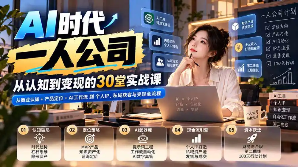 【无水印】AI时代一人公司30堂实战课：从商业认知 产品定位 AI工作流到个人IP、私域获客与变现全流程