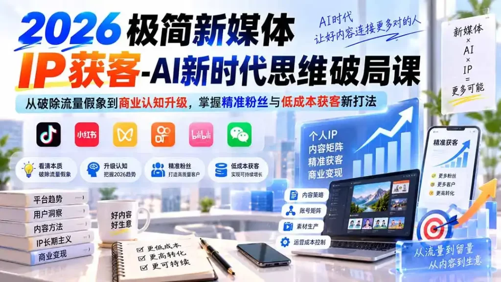 2026极简新媒体IP获客-AI新时代思维破局课:从破除流量假象到商业认知升级,掌握精准粉丝与低成本获客新打法-51云资源