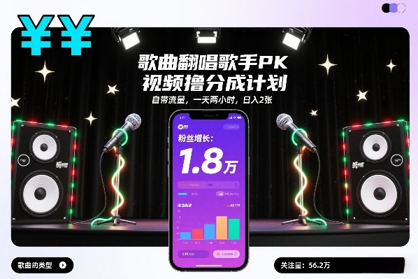 歌曲翻唱歌手PK视频撸分成计划，自带流量，一天两小时，日入2张-51云资源