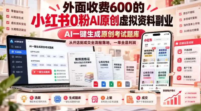 外面收费600的小红书0粉AI原创虚拟资料副业，AI一键生成原创考试题库，从开店到成交全流程落地，一单全是利润-51云资源