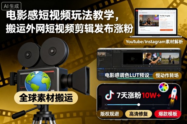 电影感短视频玩法教学，搬运外网短视频剪辑发布涨粉-51云资源