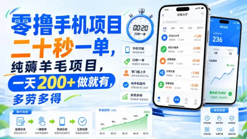 零撸手机项目，二十秒一单，纯薅羊毛项目，一天200 做就有，多劳多得【揭秘】-51云资源