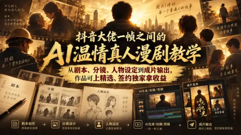 抖音大佬一帧之间的AI温情真人漫剧教学，从剧本、分镜、人物设定到成片输出，作品可上精选、签约独家拿收益-51云资源