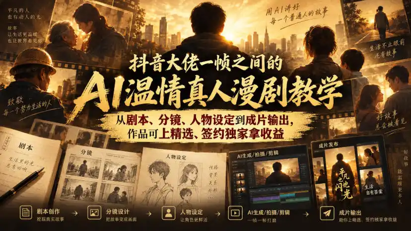 抖音大佬一帧之间的AI温情真人漫剧教学,从剧本、分镜、人物设定到成片输出,作品可上精选、签约独家拿收益-51云资源