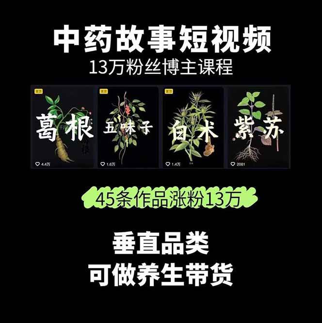 （15925期）中草药养生赛道：AI文案 故事模板 橱带货，45条作品涨粉13w 单月变现1万 