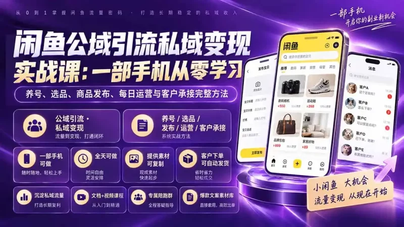 闲鱼公域引流私域变现实战课：一部手机从零学习养号、选品、商品发布、每日运营与客户承接完整方法-51云资源