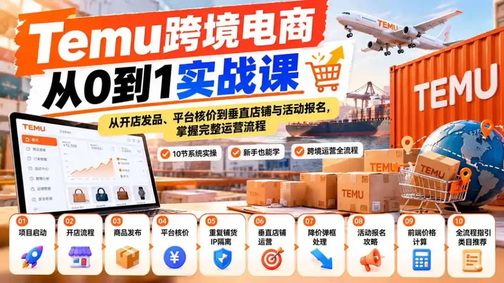 【无水印】Temu跨境电商从0到1实战课：从开店发品、平台核价到垂直店铺与活动报名，掌握完整运营流程-51云资源