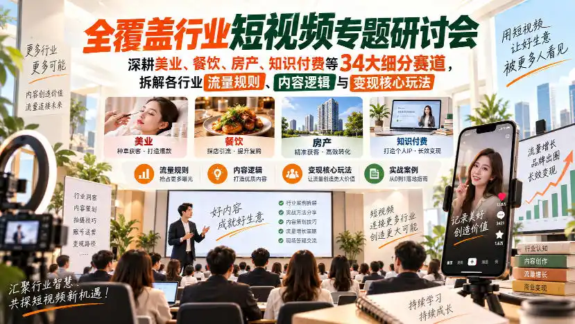 短视频专题研讨会,深耕美业、餐饮、房产、知识付费等34大细分赛道,拆解各行业流量规则、内容逻辑与变现核心玩法-51云资源