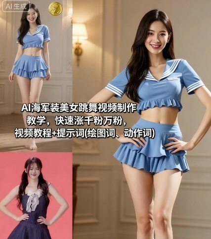 AI海军装美女跳舞视频制作教学,快速涨千粉万粉,视频教程 提示词(绘图词、动作词)