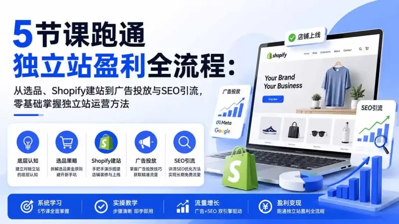 5节课跑通独立站盈利全流程：从选品、Shopify建站到广告投放与SEO引流，零基础掌握独立站运营方法-51云资源