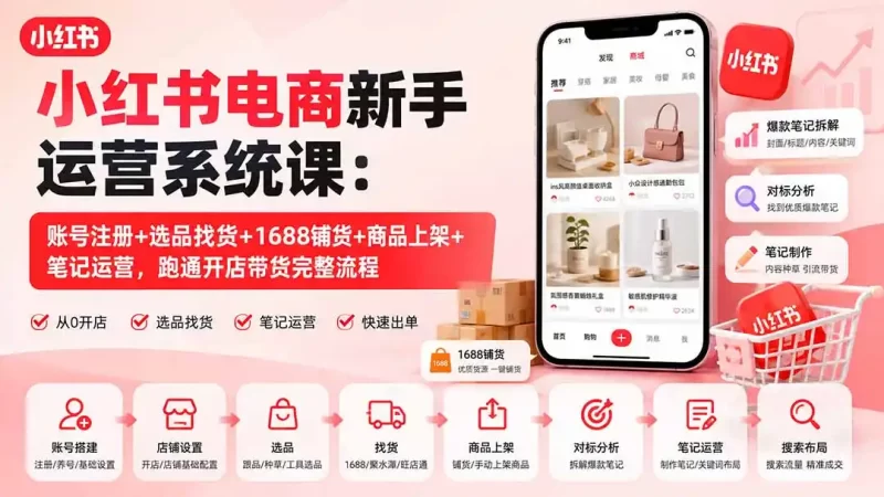 小红书电商新手运营系统课:账号注册 选品找货 1688铺货 商品上架 笔记运营,跑通开店带货完整流程-51云资源