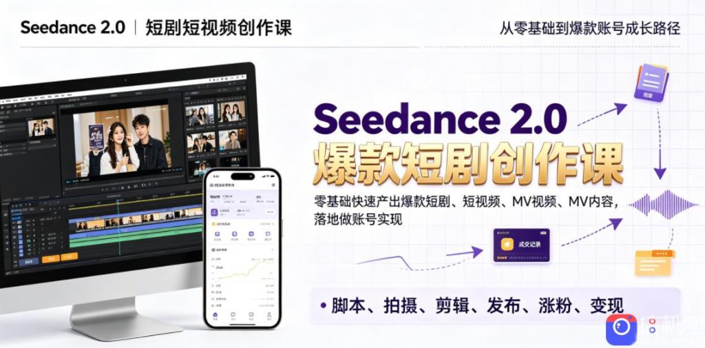 Seedance 2.0短剧短视频创作课,零基础快速产出爆款短剧、短视频、MV内容,落地做账号实现变现-51云资源