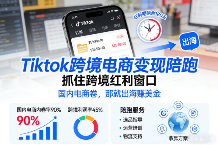 Tiktok跨境电商变现陪跑,抓住跨境红利窗口,国内电商卷,那就出海賺美金-51云资源