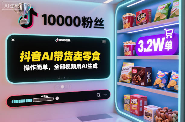 抖音AI带货卖零食，操作简单，全部视频用AI生成，一万粉丝，卖了3.2W单-51云资源