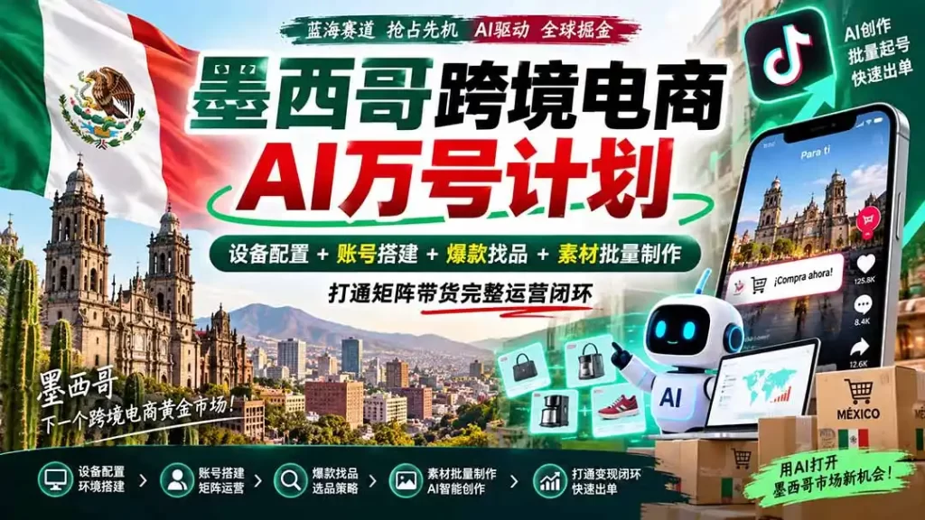 墨西哥AI跨境电商万号计划|设备配置 账号搭建 爆款找品 素材批量制作,打通矩阵带货完整运营闭环-51云资源