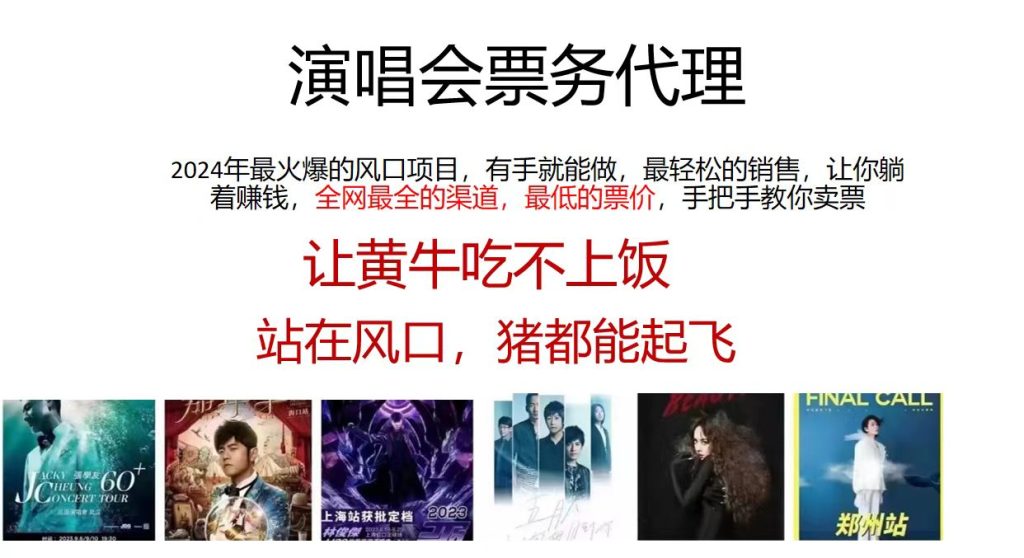 （11753期）演唱会票务代理，2024年最火爆风口项目，全网最低的票价，小白一分钟上…-51云资源