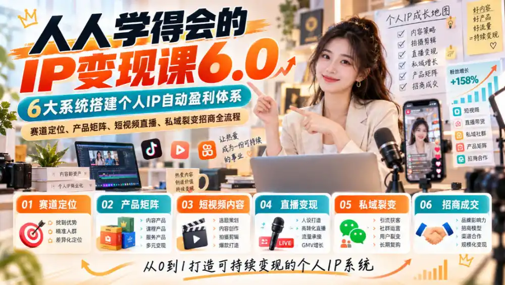 人人学得会的IP变现课6.0,6大系统搭建个人IP自动盈利体系,赛道定位、产品矩阵、短视频直播、私域裂变招商全流程-51云资源