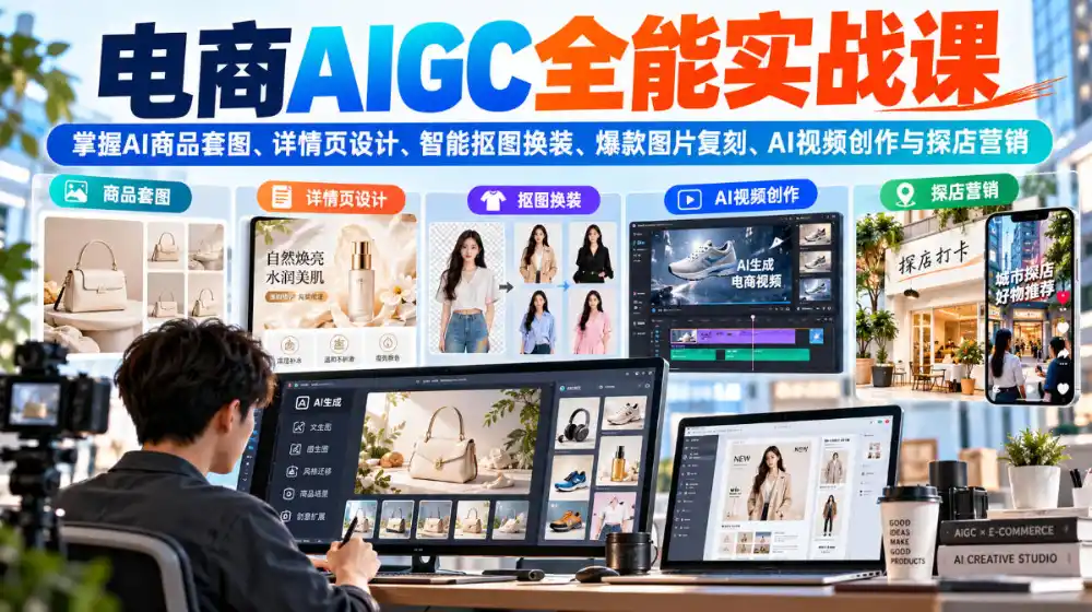 电商AIGC全能实战课：掌握AI商品套图、详情页设计、智能抠图换装、爆款图片复刻、AI视频创作与探店营销-51云资源