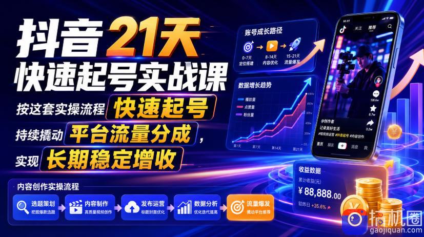 抖音21天快速起号实战课,按这套实操流程快速起号,持续撬动平台流量分成,实现长期稳定增收-51云资源