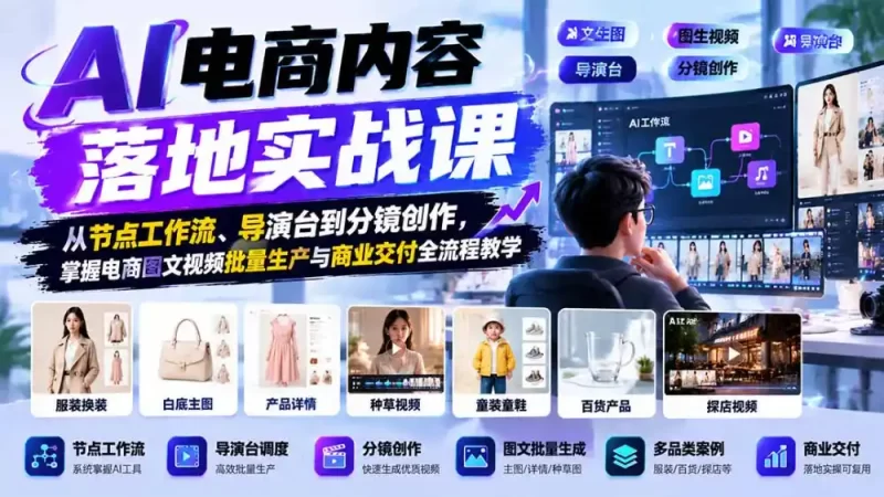 AI电商内容落地实战课:从节点工作流、导演台到分镜创作,掌握电商图文视频批量生产与商业交付全流程教学-51云资源