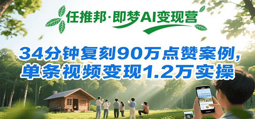 任推邦·即梦AI变现营,34分钟复刻90万点赞案例,单条视频变现1.2万实操