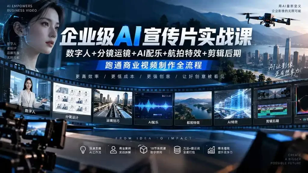 企业级AI宣传片实战课｜数字人 分镜运镜 AI配乐 航拍特效 剪辑后期，跑通商业视频制作全流程-51云资源