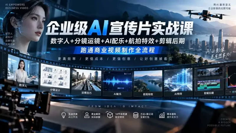 企业级AI宣传片实战课|数字人 分镜运镜 AI配乐 航拍特效 剪辑后期,跑通商业视频制作全流程-51云资源