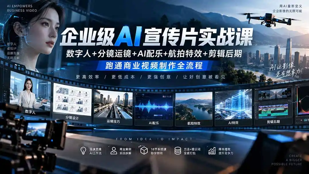 企业级AI宣传片实战课|数字人 分镜运镜 AI配乐 航拍特效 剪辑后期,跑通商业视频制作全流程