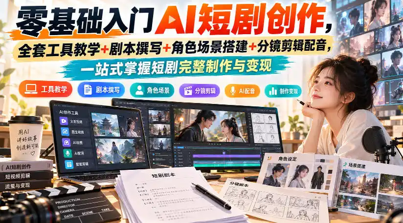 零基础入门AI短剧创作,全套工具教学 剧本撰写 角色场景搭建 分镜剪辑配音,一站式掌握短剧完整制作与变现-51云资源