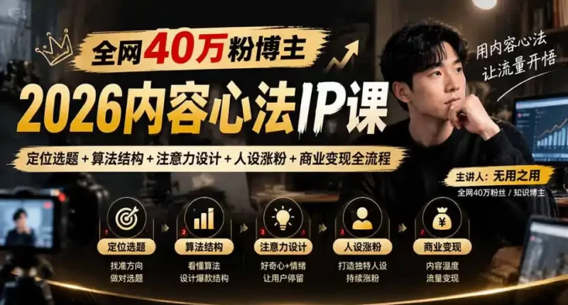 【无水印】全网40W粉博主的2026内容心法IP课，定位选题 算法结构 注意力设计 人设涨粉 商业变现全流程-51云资源