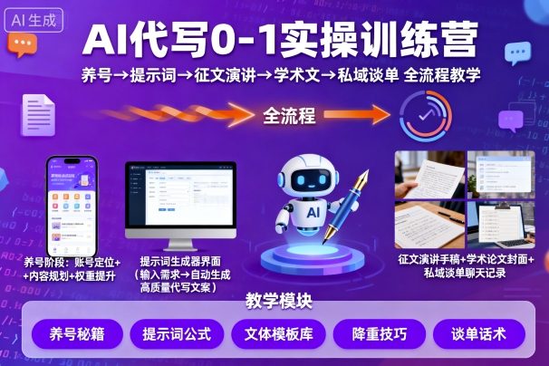 AI代写0-1实操训练营，从养号、提示词、征文演讲、学术文，到私域谈单的全流程教学-51云资源