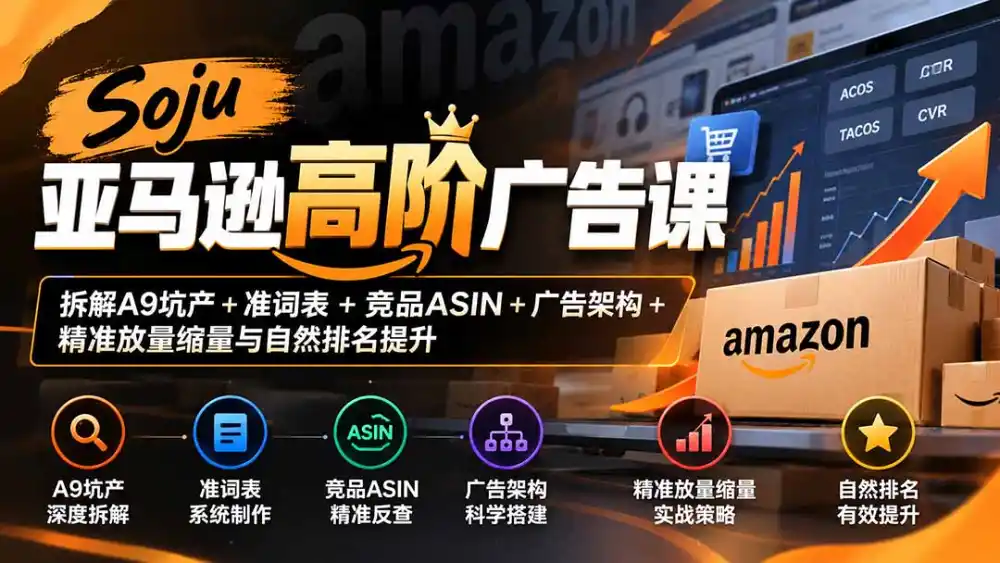 Soju亚马逊高阶广告课:拆解A9坑产 准词表 竞品ASIN 广告架构 精准放量缩量与自然排名提升-51云资源
