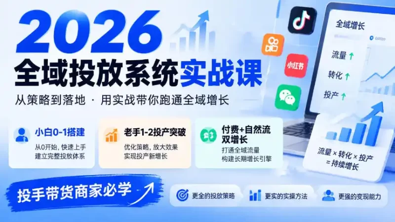 2026全域投放系统实战课,小白0-1搭建,老手1-2投产突破,付费 自然流双增长,投手带货商家必学-51云资源
