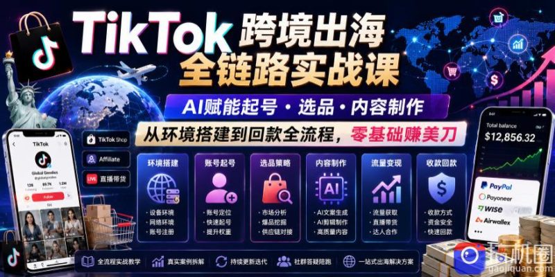 TikTok跨境出海全链路实战课,AI赋能起号・选品・内容制作,从环境搭建到回款全流程,零基础賺美刀-51云资源
