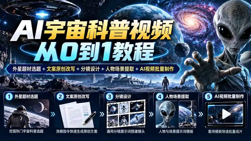AI宇宙科普视频从0到1教程|外星题材选题 文案原创改写 分镜设计 人物场景提取 AI视频批量制作-51云资源