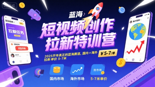 短视频创作拉新特训营，2025开年真正的蓝海赛道，国内 海外，拉新单价5-7米-51云资源
