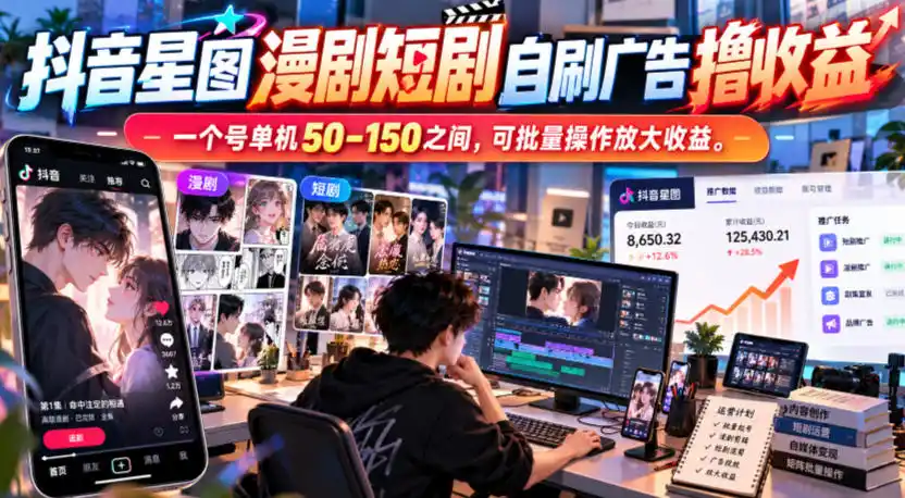 抖音星图漫剧短剧自刷广告撸收益,一个号单机50-150之间,可批量操作放大收益-51云资源