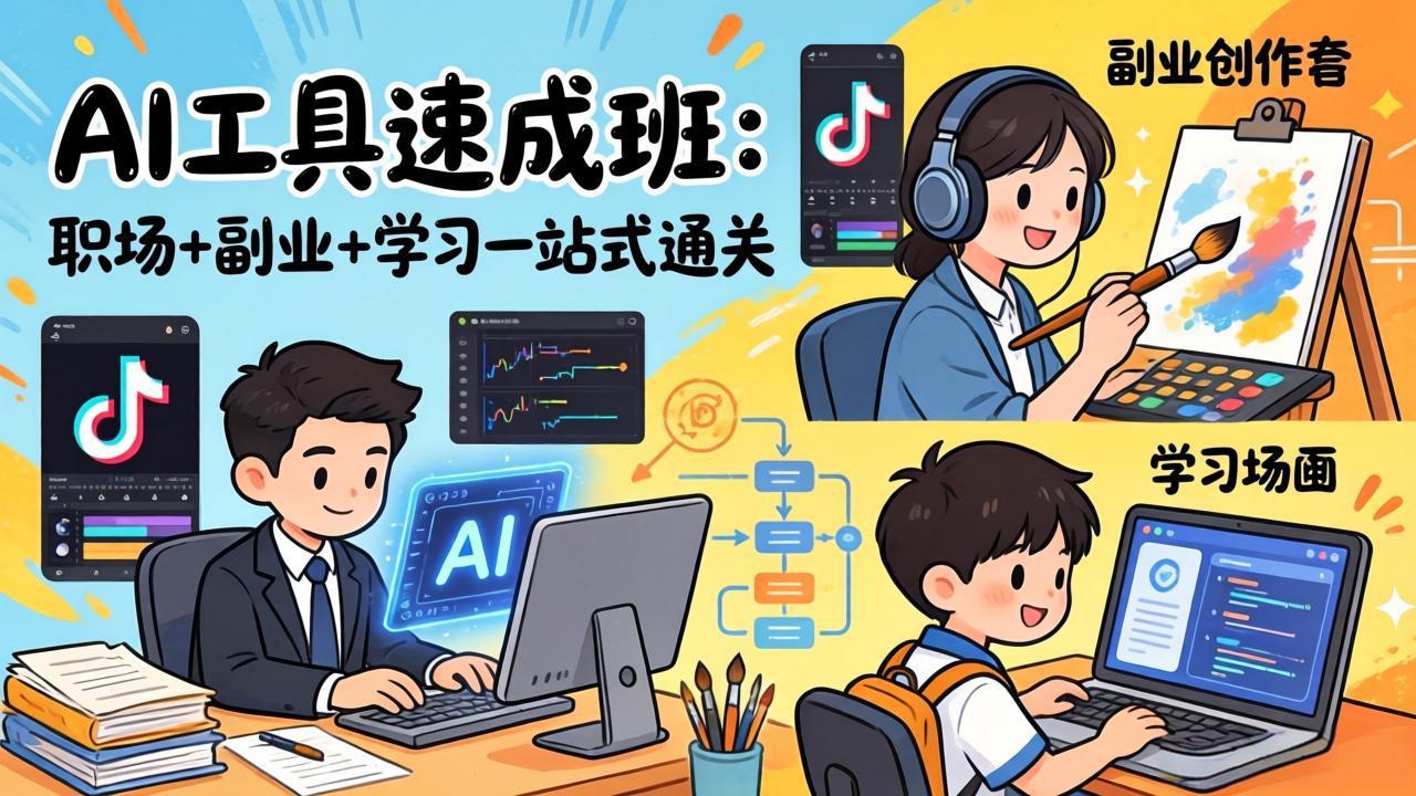 AI工具速成班:职场 副业 学习一站式通关,20 爆款类型 剪映技巧 抖音算法,0基础快速上手