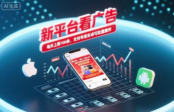 新台看广告，养好机一条5毛到5块，单机日入30到100，支持苹果安卓，可批量操作。-51云资源