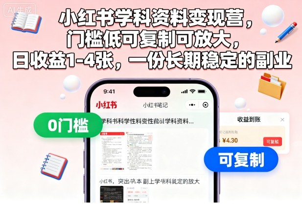 小红书学科资料变现营,门槛低可复制可放大,日收益1-4张,一份长期稳定的副业-51云资源