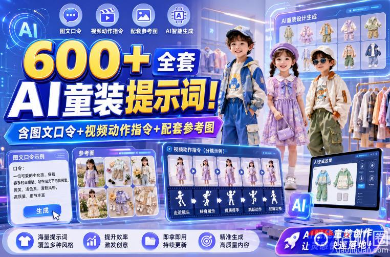 600 全套AI童装提示词！含图文口令 视频动作指令 配套参考图，Word-Excel规整分类，童装电商、种草无脑量产内容！-51云资源