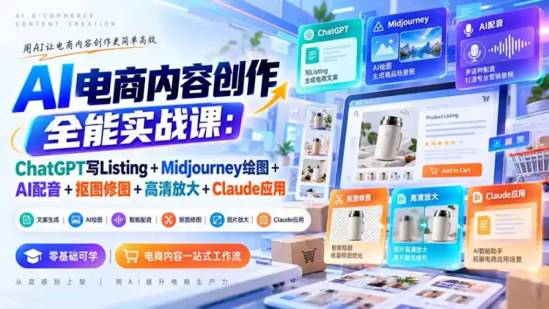 【无水印】AI电商内容创作全能实战课:ChatGPT写Listing Midjourney绘图 AI配音 抠图修图 高清放大 Claude应用-51云资源