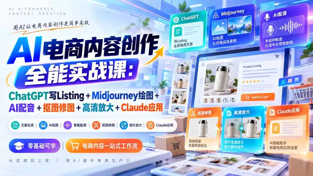 【无水印】AI电商内容创作全能实战课：ChatGPT写Listing Midjourney绘图 AI配音 抠图修图 高清放大 Claude应用-51云资源
