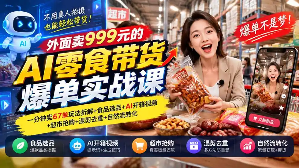 外面卖999元的AI零食带货爆单实战课|一分钟卖67单玩法拆解 食品选品 AI开箱视频 超市抢购 混剪去重 自然流转化-51云资源