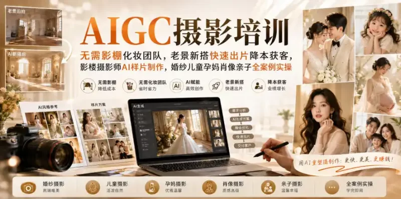 AIGC摄影培训|无需影棚化妆团队,老景新搭快速出片降本获客,影楼摄影师AI样片制作,婚纱儿童孕妈肖像亲子全案例实操-51云资源