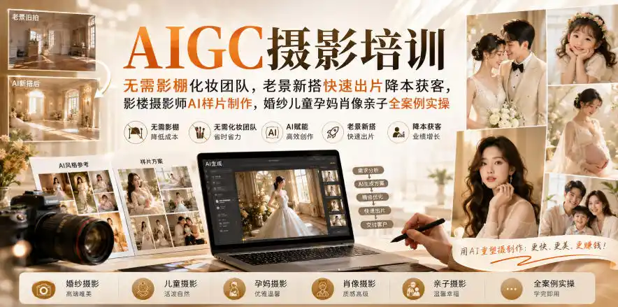 AIGC摄影培训|无需影棚化妆团队,老景新搭快速出片降本获客,影楼摄影师AI样片制作,婚纱儿童孕妈肖像亲子全案例实操-51云资源
