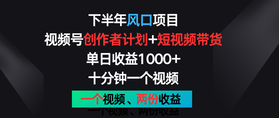 下半年风口项目，视频号创作者计划 视频带货，单日收益1000 ，一个视频两份收益-51云资源