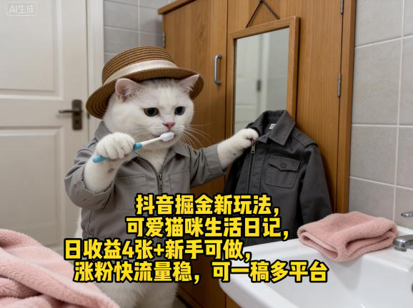抖音掘金新玩法，可爱猫咪生活日记，日收益4张 新手可做，涨粉快流量稳，可一稿多平台-51云资源